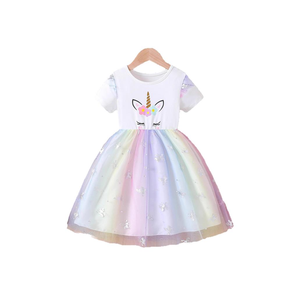 Girls' Princess Dress Summer Children's Fashion Cartoon Rainbow Puffy Dress