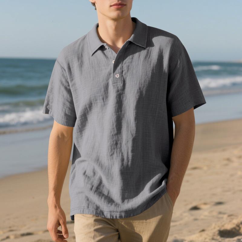 Men's Summer Half-Button Lapel Solid Color Loose Breathable Casual Short Sleeve Shirt