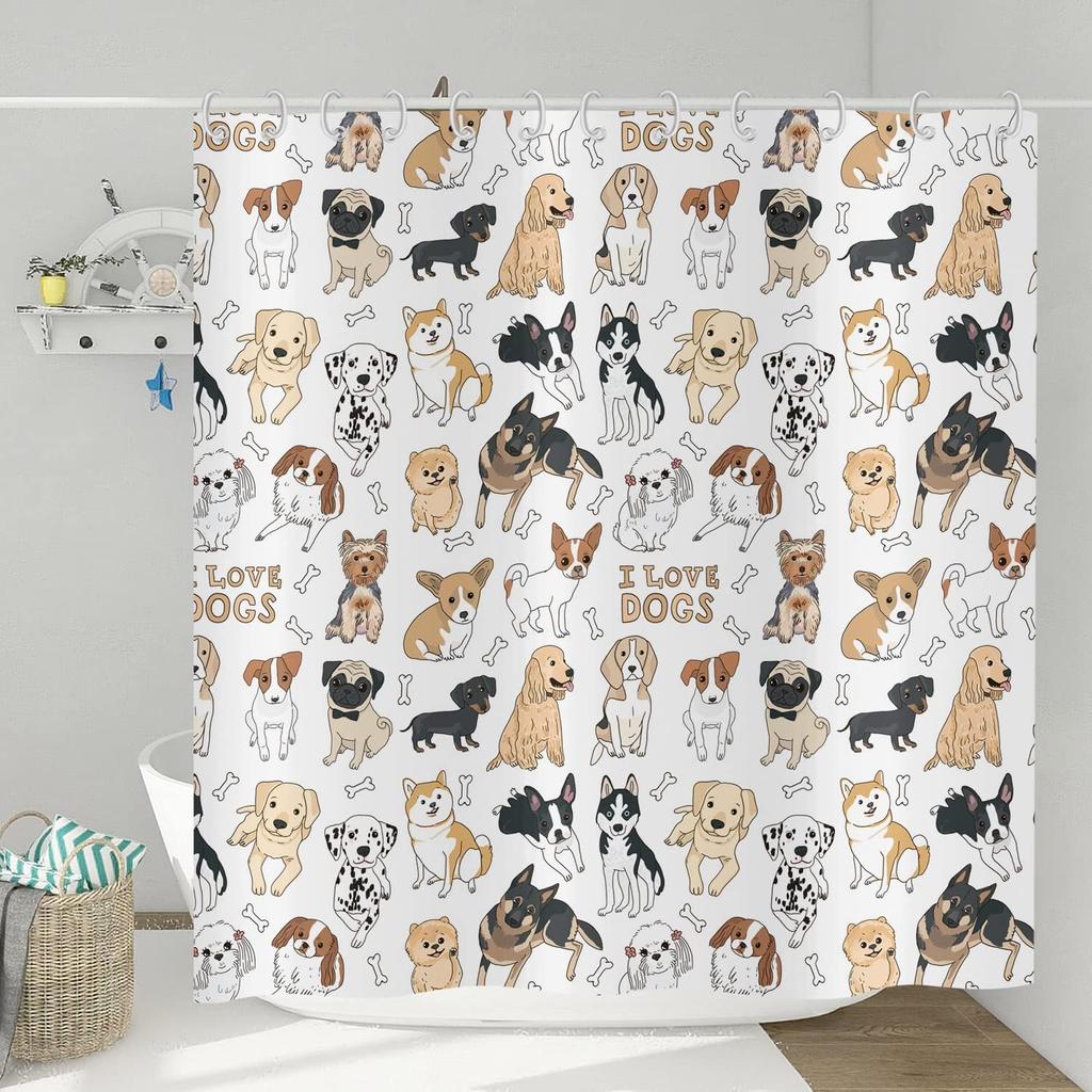 Funny Cute Puppy Animal Pattern Shower Curtain 180x 180cm, Kids Bathroom Decorative Shower Curtain Waterproof