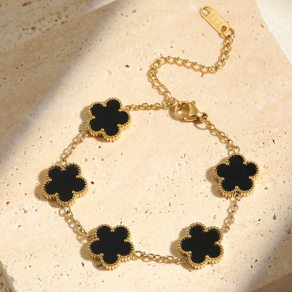Htpwe Stainless Steel Solid Color Flower Four-leaf Clover Bracelet Women 18k Gold Couple Holiday Gift Bracelet Party Zircon