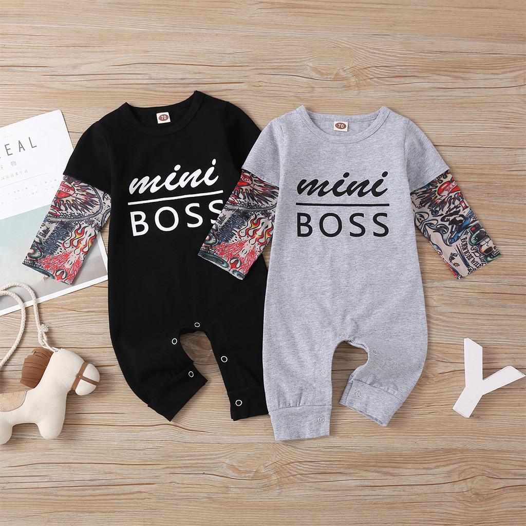 Infant Baby Boy Long Sleeve Tattoo Sleeve Print Letter Jumpsuit Romper Bodysuit