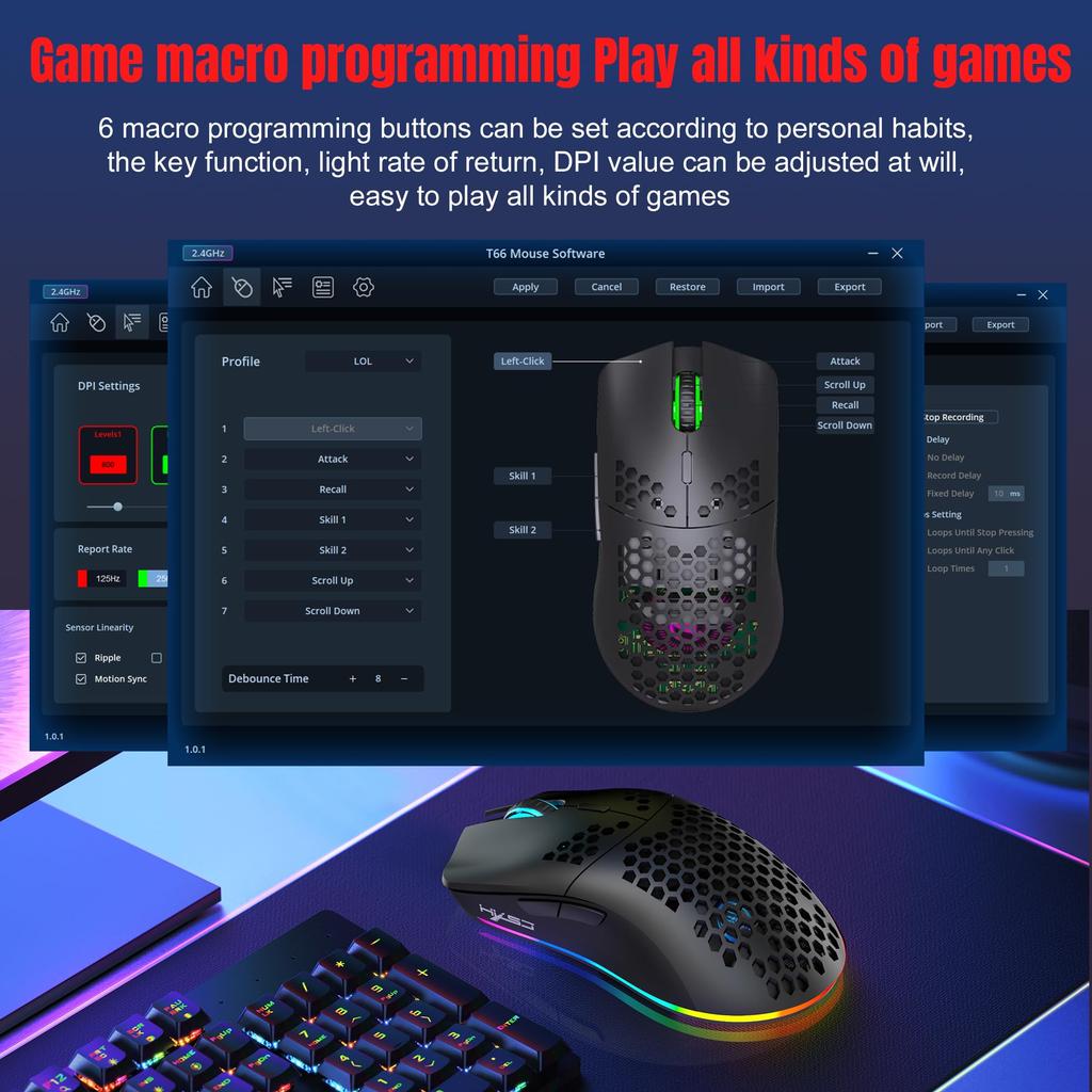 ZIYOU LANG T66 Wireless Gaming 1000Hz Reporter RGB DPI Black Mouse, Rate, 2.4G/Bluetooth 5.3/USB-C, Illumination, 5-Level Adjustment, 90g,
