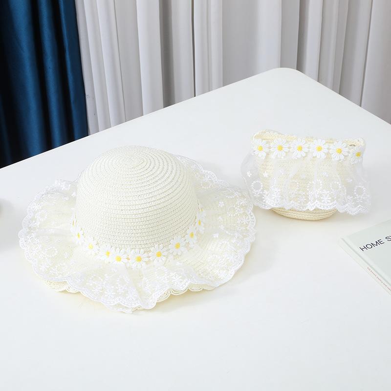 New Baby Straw Hat With Handbag Flower Lace Breathable Beach Hat Bags Kids Hat Boy Girls Floral Sun Visor