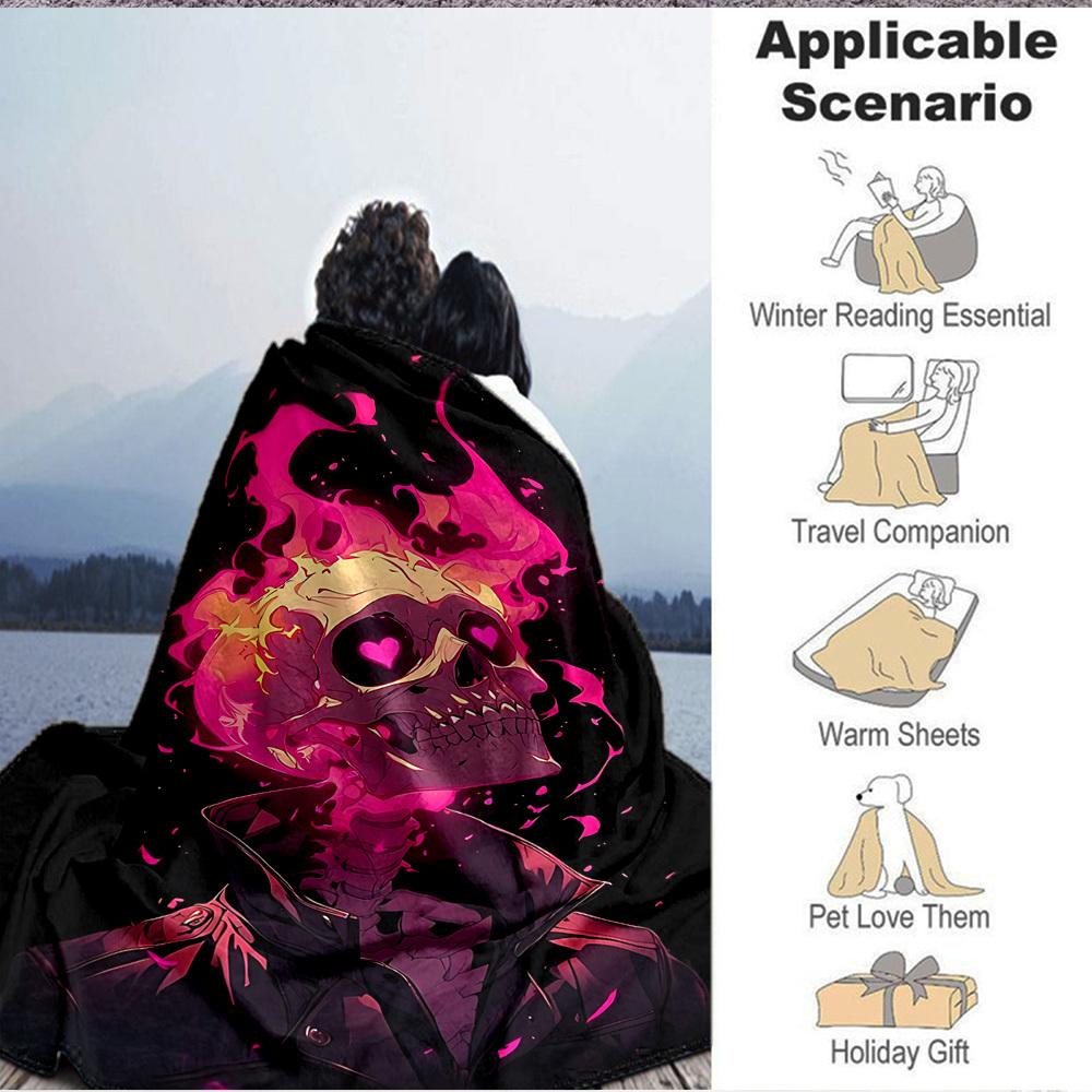 1pc Skull Flames Blanket Lightweight Flannel Blanket Throw Blanket For Sofa, Bed, Travel, Camping, Livingroom, Couch, Chair, And Bed Yy2509026161