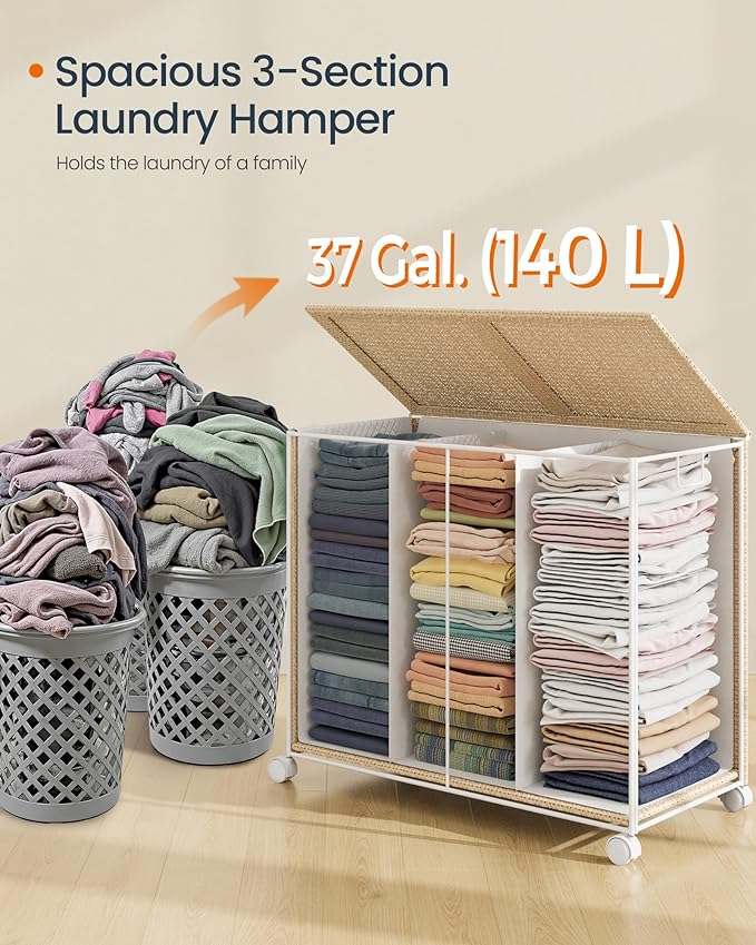 SONGMICS HOME Laundry Hamper with 3 Section, Large 140 L Rolling Laundry Basket with Wheels, Rattan Clothes Basket with Lid