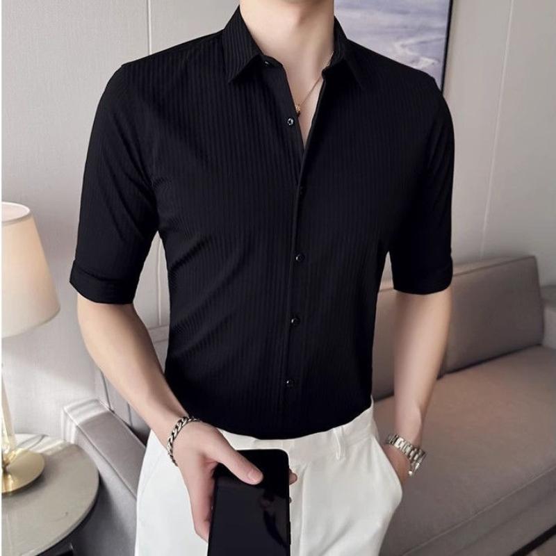 Men's Shirt Three-quarter Sleeve Korean Thin Business Hairstylist Casual Formal Wear Striped Short-sleeved Slim Half-sleeved