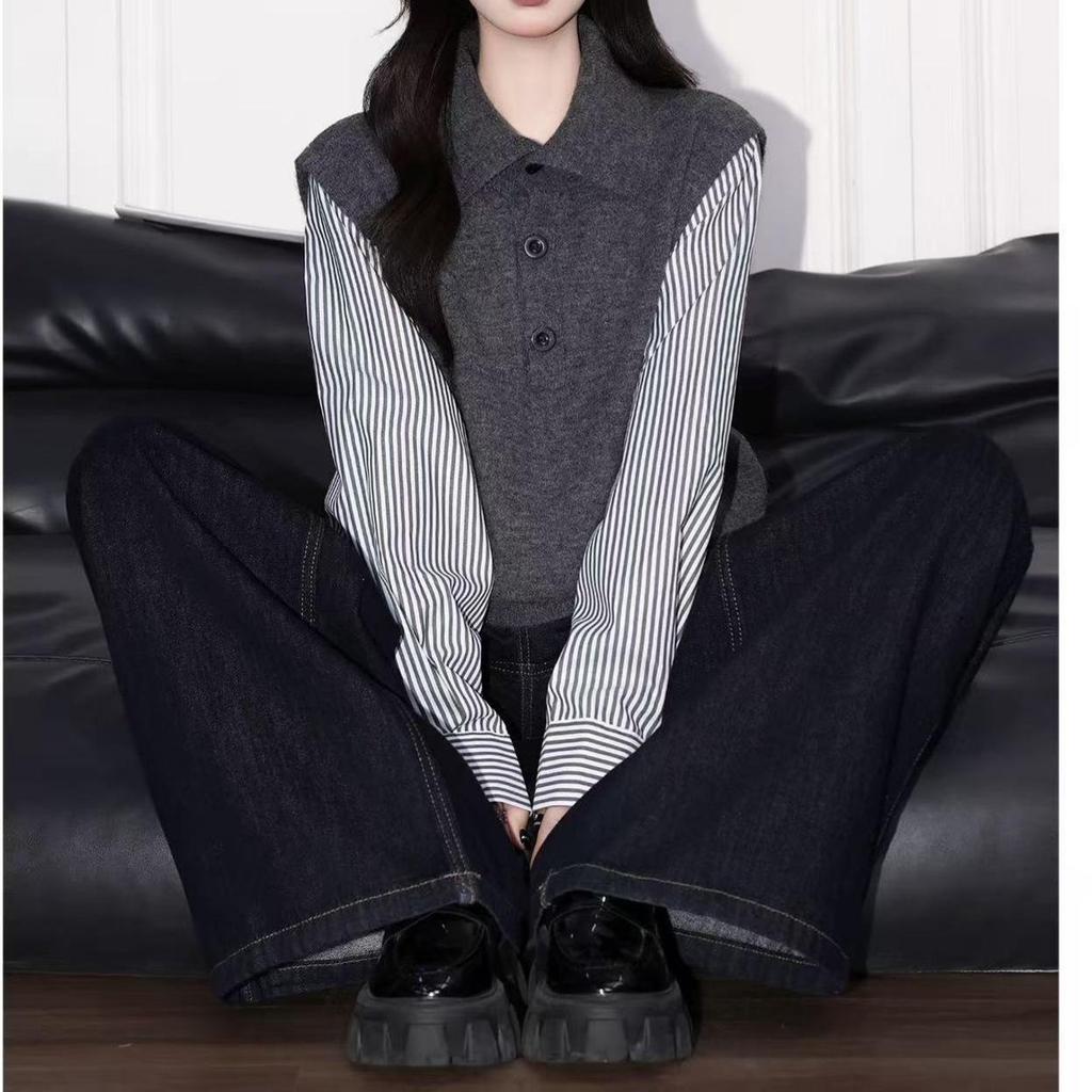 Lapel Patchwork Knit Sweater Shirt, 2026 Fashion Women's Autumn/Winter Top