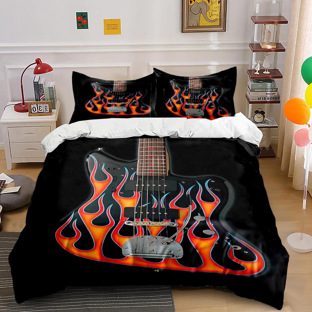 Guitar with Flame Print Bedding Set Bedding set (1 duvet cover, 2 pillowcases, duvet not included)