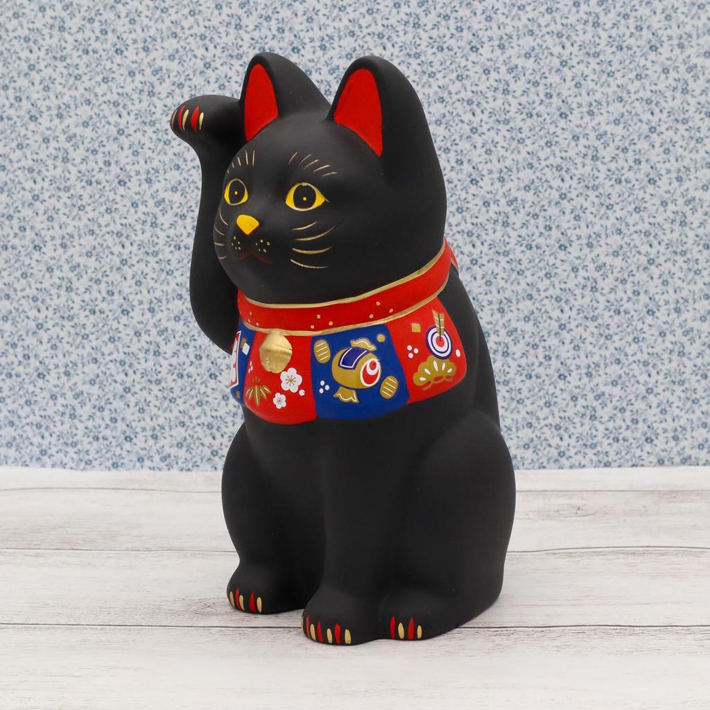 Yakushigama Lucky Charm Lucky Charm Maneki-neko (Large, Black) - (Includes Sticker)