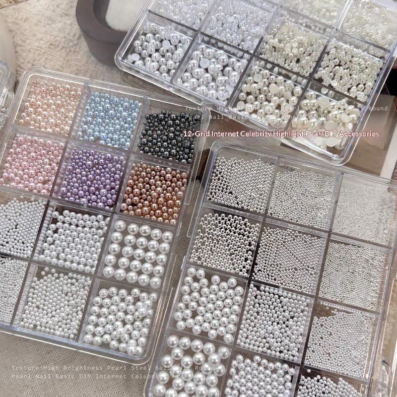 12 Grids Mixed Pearl Nail Art Decorations Flat Bottom Nail Charms 3D Diy Nail Art Rhinestones Manicure Accessory
