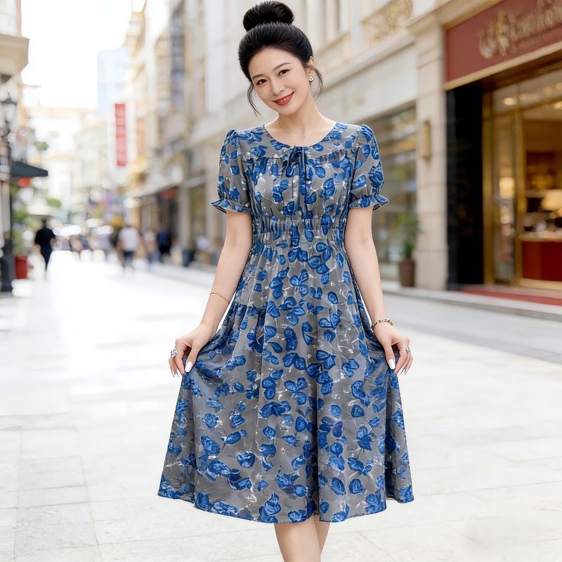 Women s Mid-length Ethnic Style Beach Dress - Summer 2026 Fashion, Age-defying, Large Hem for Middle-aged Mothers 3XL (115-130 jin) синий