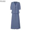 ZANZEA Women Elegant Two Piece Skirt Sets Puff Sleeve Tie Front V Neck Peplum Tops and Long Skirt Beachwear Suits