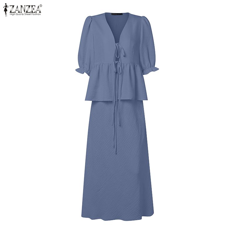 ZANZEA Women Elegant Two Piece Skirt Sets Puff Sleeve Tie Front V Neck Peplum Tops and Long Skirt Beachwear Suits