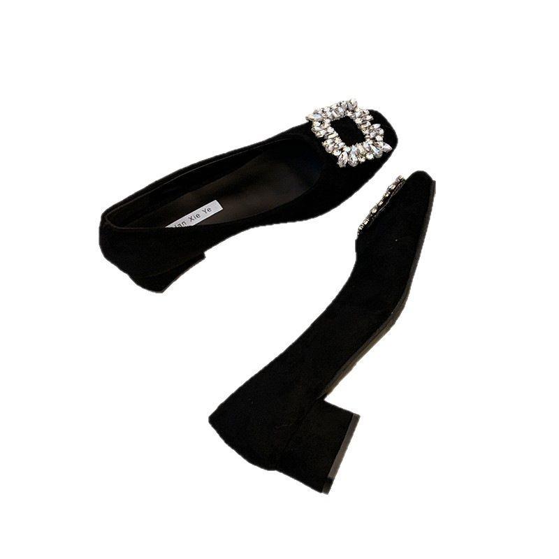 French square head single shoes women's shoes 2025 early spring new rhinestone thick heel low heel shoes one pedal shallow high heels