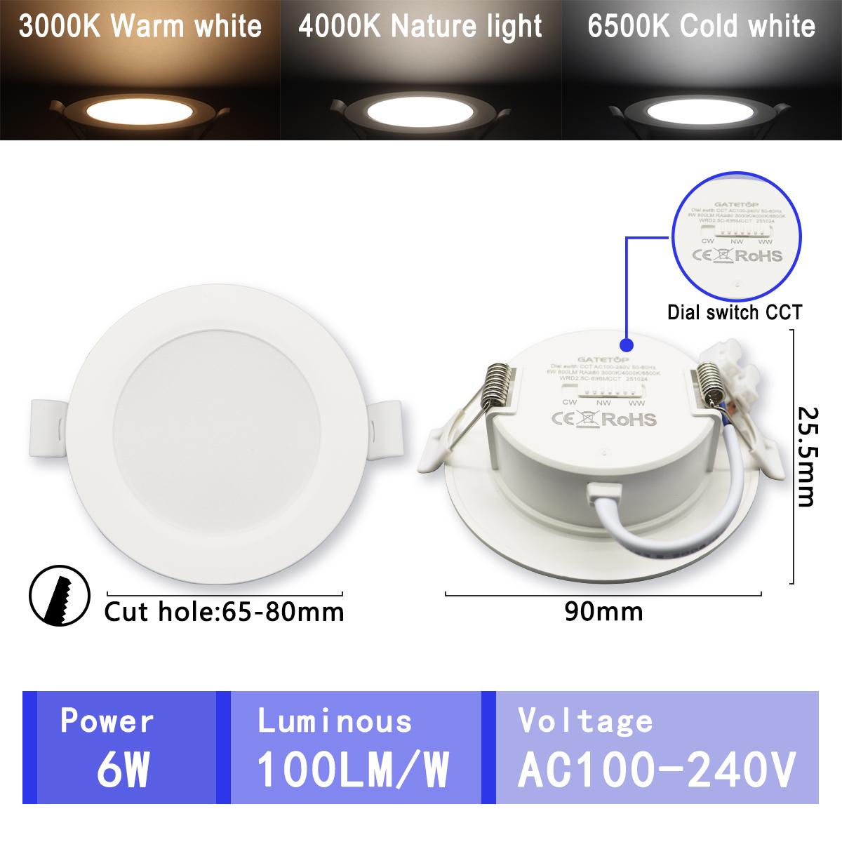 

1-10pcs LED Downlight 100-240V Dial swich CCT 3000K/4000K/6500K Ceiling Light 20W/24W Recessed Round Panel Light Indoor Lighting AC100-240V&1pcs