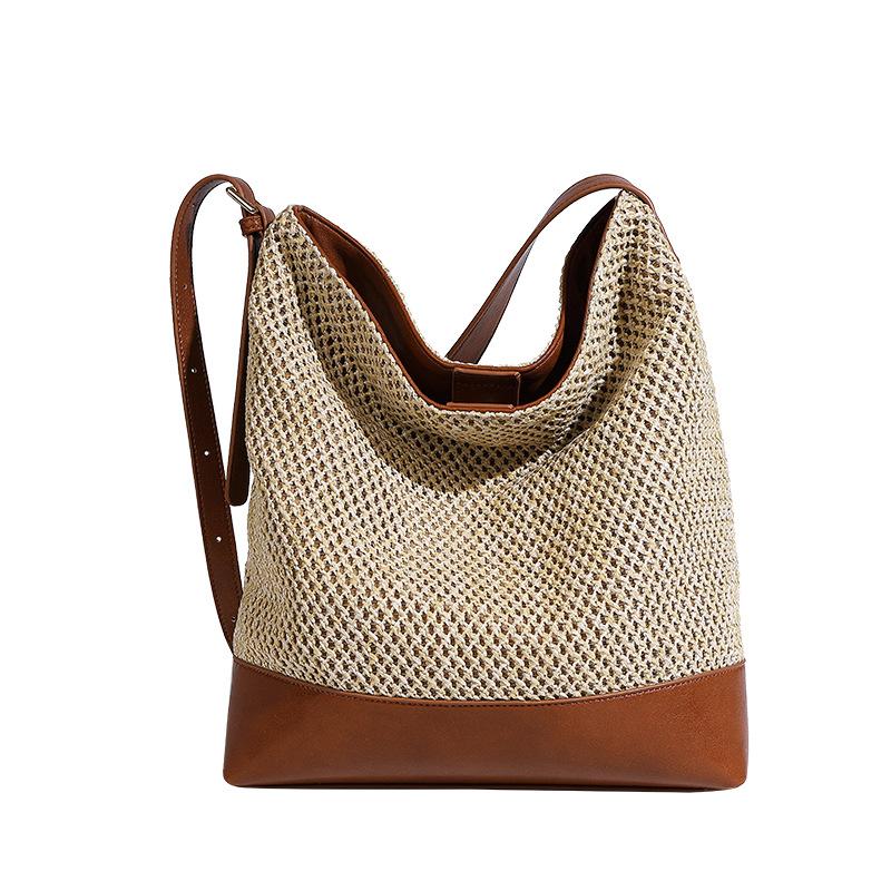 Straw Woven Bag, Bucket Bag, Women's Retro Versatile Hollow Woven Bag, Single Shoulder Bag, Women's High-end Sense, Crossbody Tote Bag
