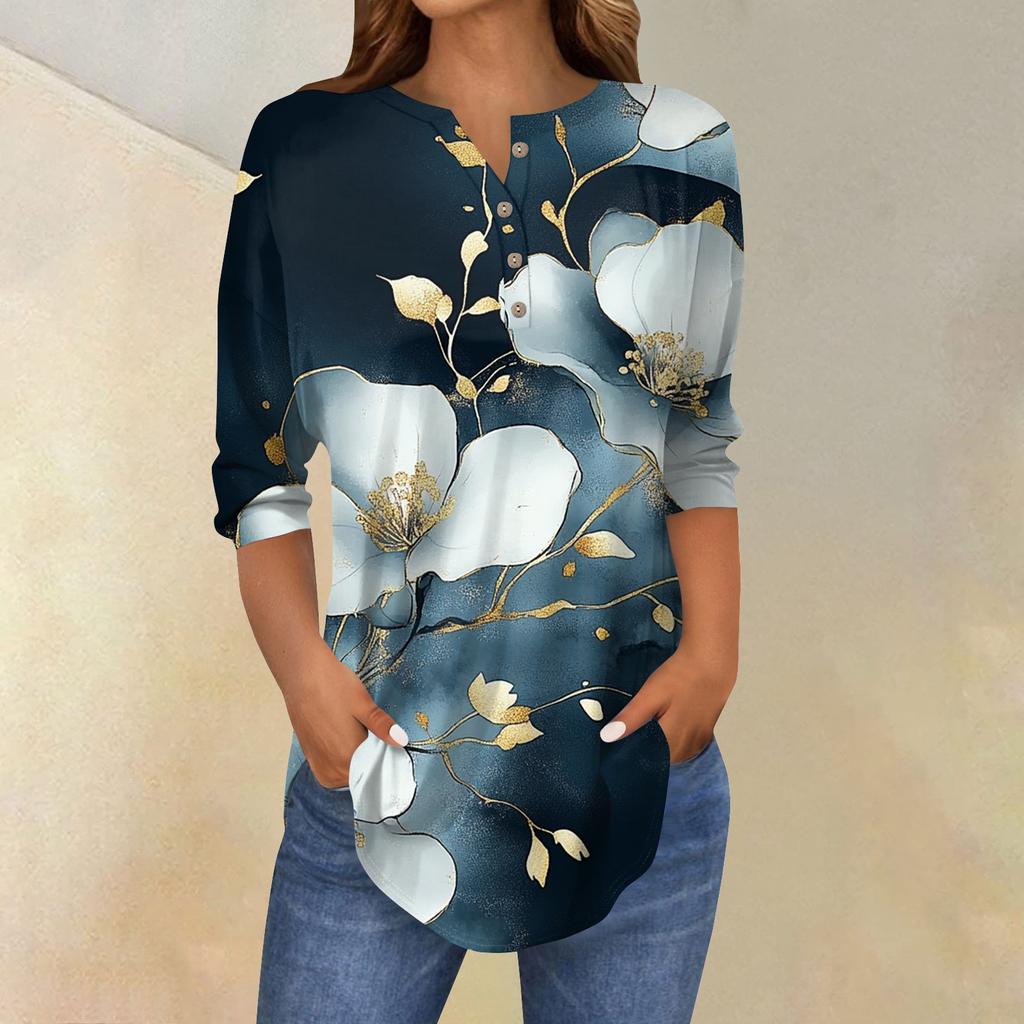 Damenmode Lose Knopfkragen Druck 3/43/4 Ärmel T-Shirt Tops Pullover