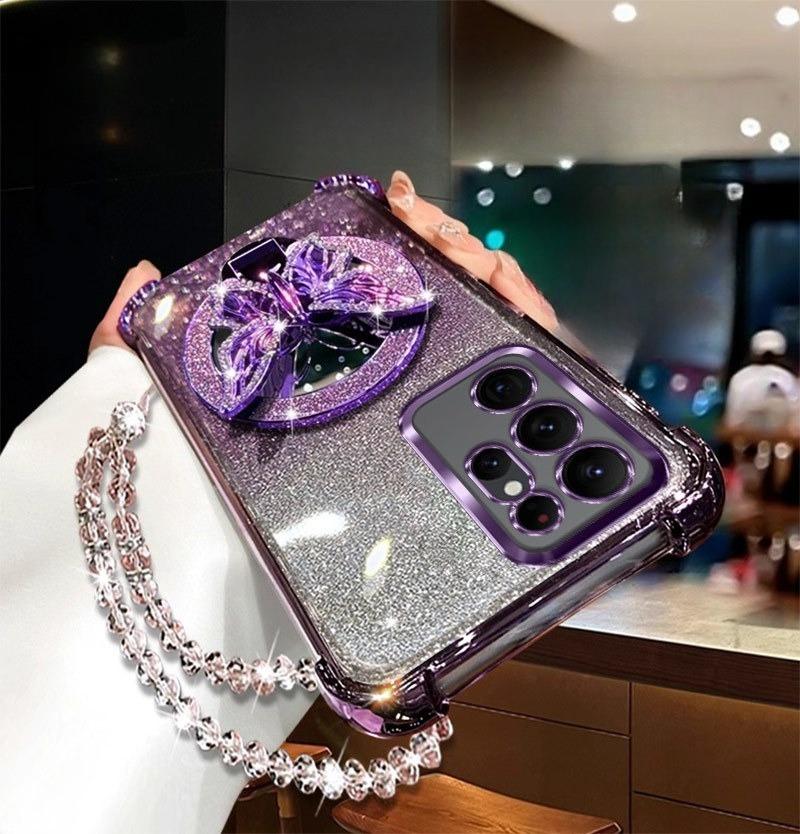 Brokatowe Lustro Motyl Kryształowa Bransoletka Etui dla Samsunga Galaxy S25 Edge S24 S23 S22 S21 S20 FE Ultra Plus Wstrząsoodporna Pokrowiec