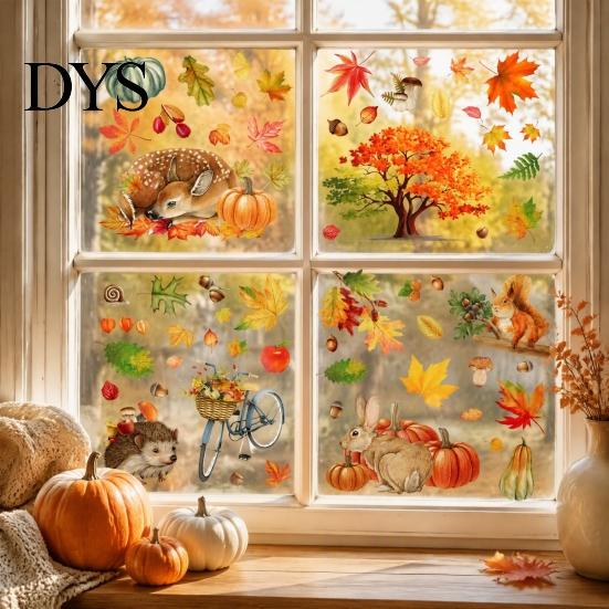Forest Animal Window Clings for Kids 9PCS Autumn Clings, Thanksgiving Maple Leaf Pumpkin Stickers, Waterproof PVC Stickers Shop Windows Removable