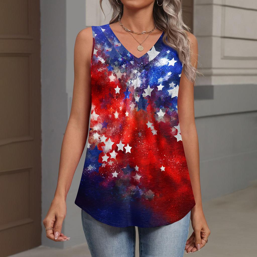 V-Neck Tank Top Women Print Tank Tee Casual Loose Fit Sleeveless Shirt