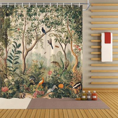 1 ks Botanický džunglový sprchový závěs - Design tropického lesa, Exotické ptactvo a zvířata, Bujná zeleň, Červeně oranžové květy, Polyester