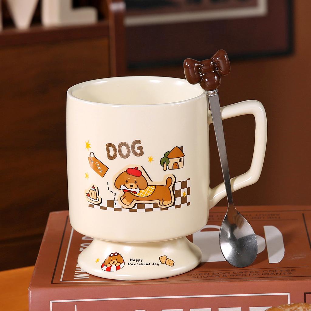 Dackel Keramik Wasserbecher Süße Tasse mit Deckel und Löffel Kreativer Jungenstil Kinder Frühstückstasse Große Kapazität