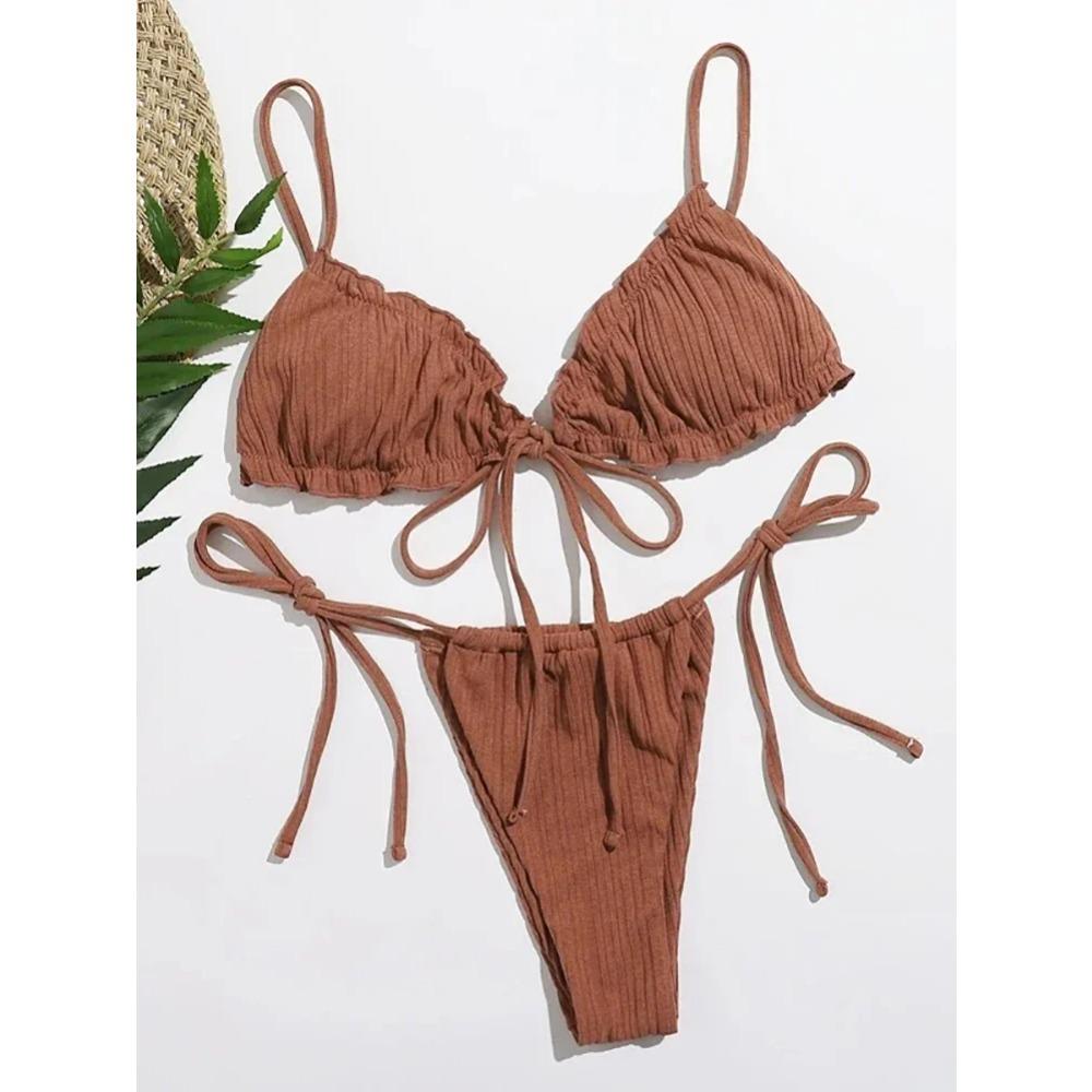 New 2025 Sexy Swimsuit Pit Stripe Bikini Women Swimwear  Bathing Suits Push Up Biquinis Bandage Beachwear Solid Bikini Sets
