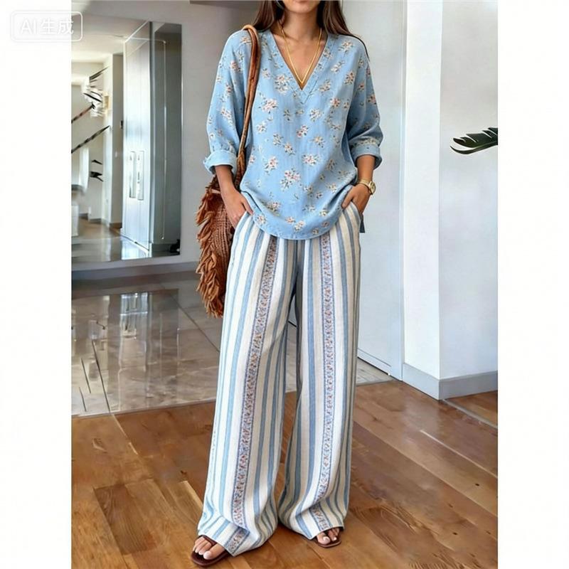 Spot Y1 bohemian V-neck top wide-leg pants two-piece women's clothing European and American fashion suit