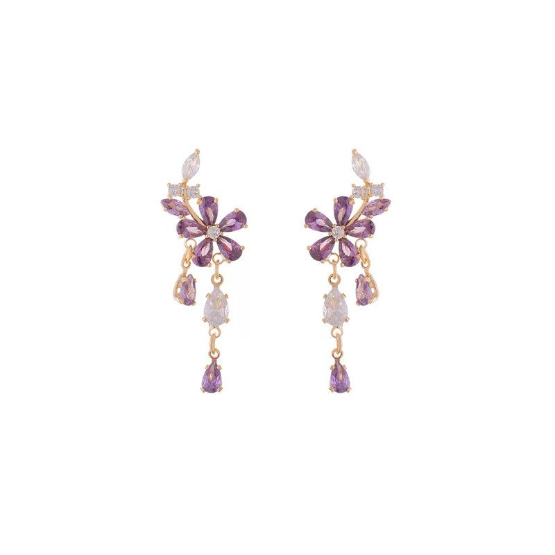 Purple flower zircon fringed ear clips without earrings, studs, women's fashion temperament, high-end mosquito coil disc earrings