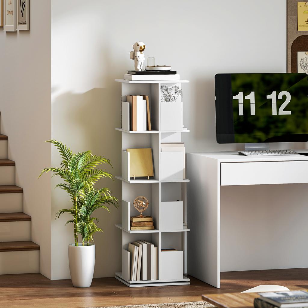 Rotating Bookshelf with 4 Levels, 16 Compartments, Easy Access, for Bedroom, Living Room, Study, Particle Board, White