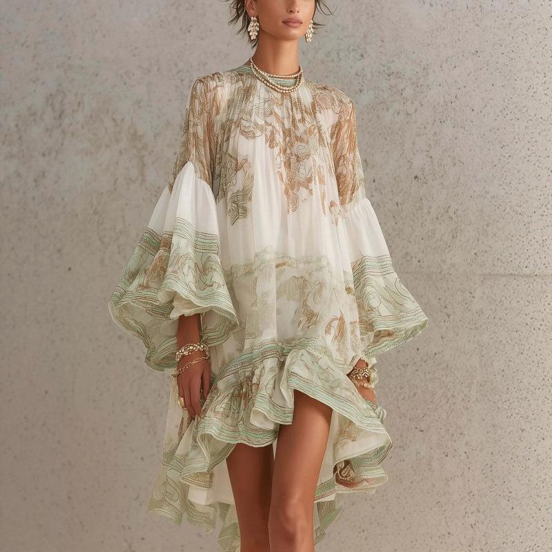 Women's Printed Ruffle Mini Dress Short Sleeve Loose Vacation Summer Casual Dress