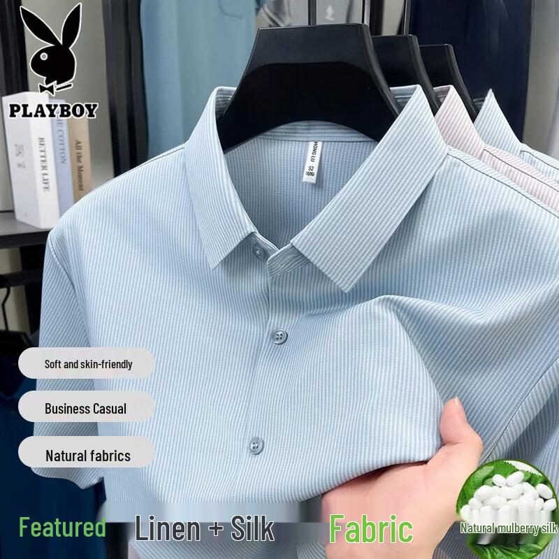 Playboy Men's Silk-Blend Short-Sleeve Wrinkle-Free Cool-Touch Shirt