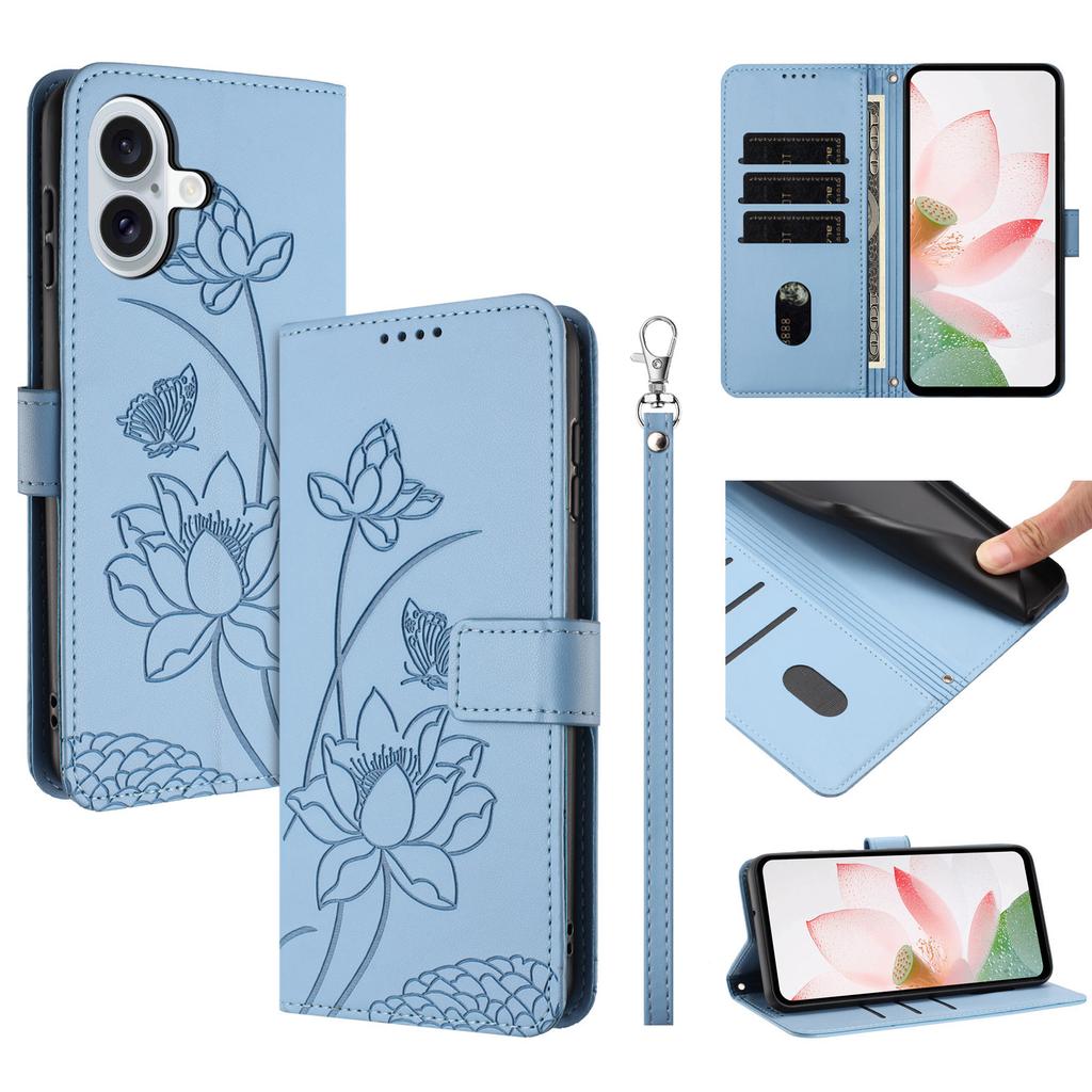 For iPhone 17 Case Wallet Stand Lotus Imprint Leather Phone Cover with Wrist Strap