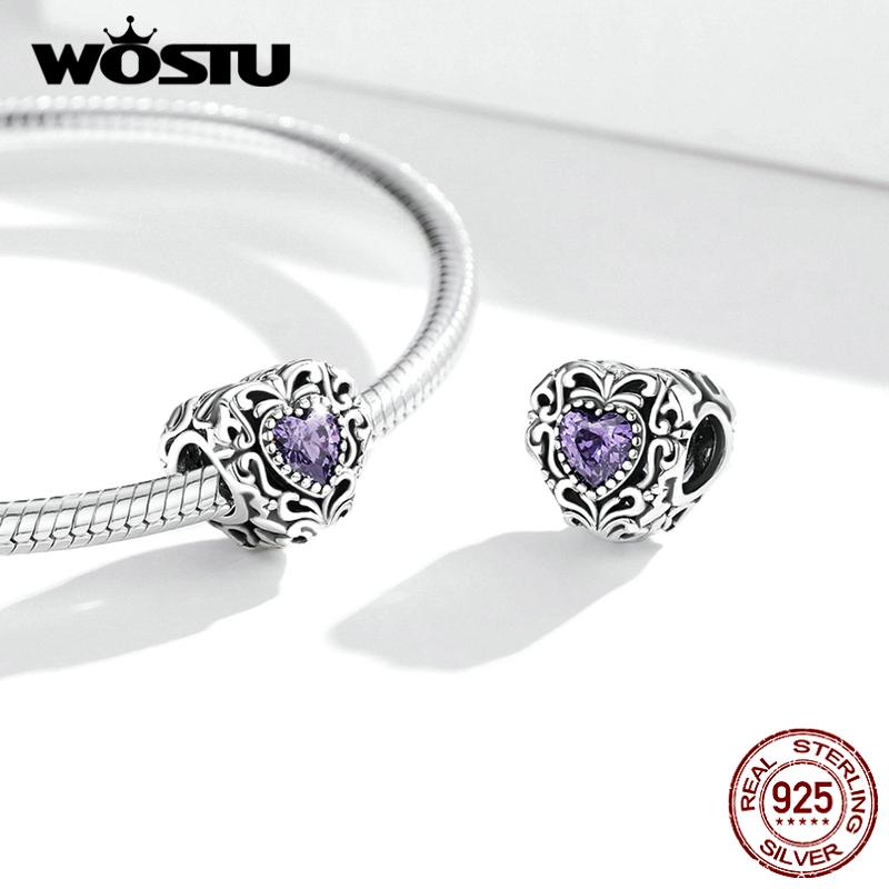 WOSTU Elegant Retro Pattern Purple Zircon Heart Shape 925 Sterling Silver Charm Pendant Beads fit Original Bracelet Bangle DIY Fine Jewelry