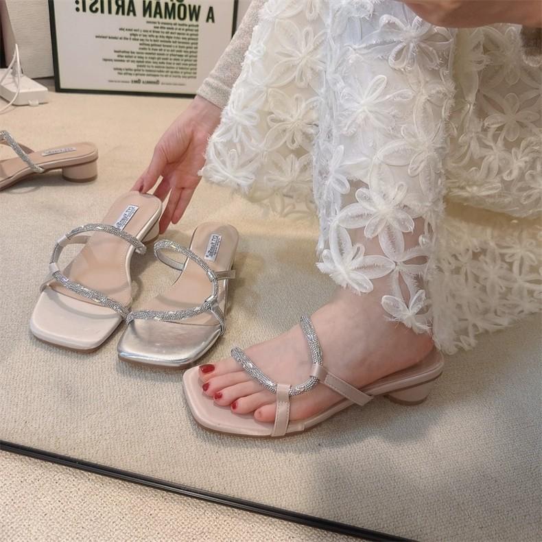 Coarse Heel Silver French Small Cool Slippers Women's Shoes Wear 2025 New Summer Fairy with Skirt Rhinestone Slippers