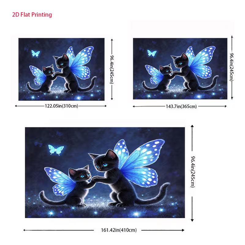 2D Magical Fairy Cats Backdrop Glowing Black Kittens with Wings and Fireflies Party Photo Background