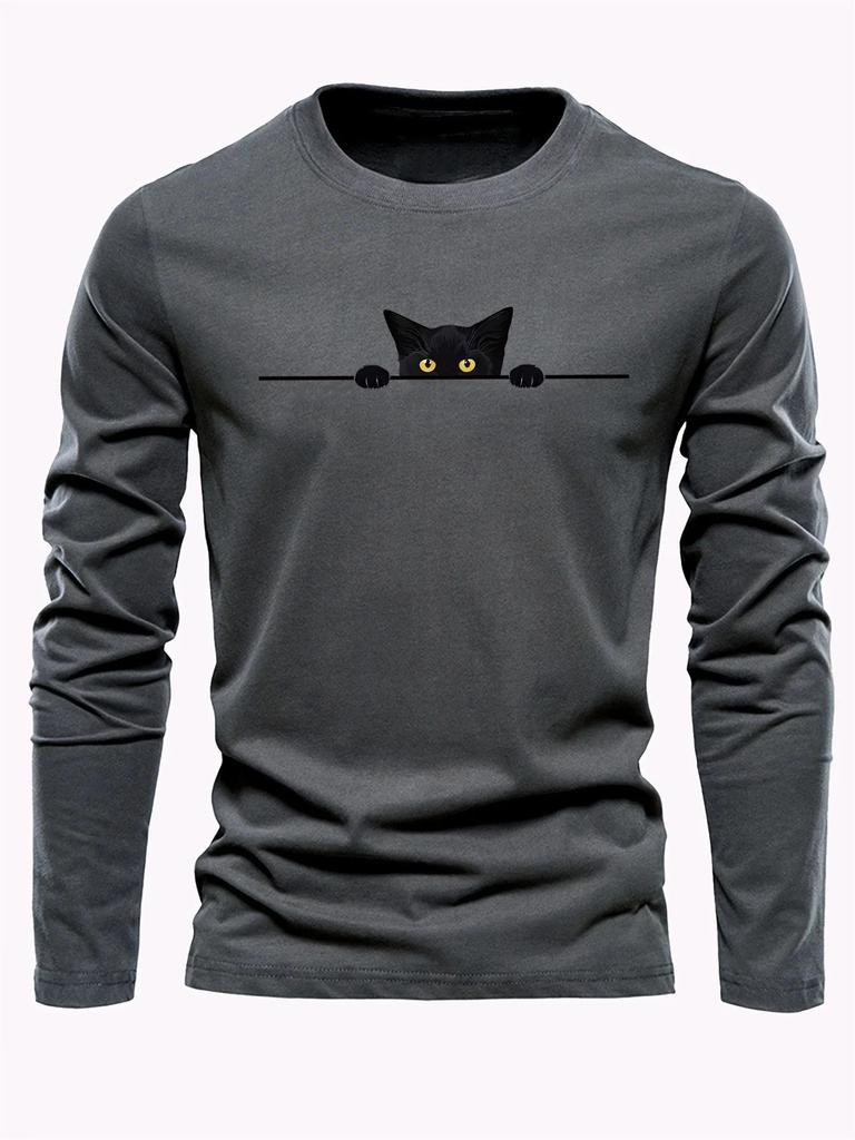 Men's Long-sleeved T-shirt for Spring and Autumn Featuring Street Fashion and Comfort with 3D Kitten Pattern Printing