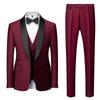 Men's Wine Red Slim Fit Groom Suit - Three-Piece Wedding Attire with Green Collar