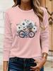 Floral Bicycle Print Women's Casual T-Shirts Graphic Tees Round Neck Tops Spring and Autumn T-Shirt Daily Wear Female Clothing
