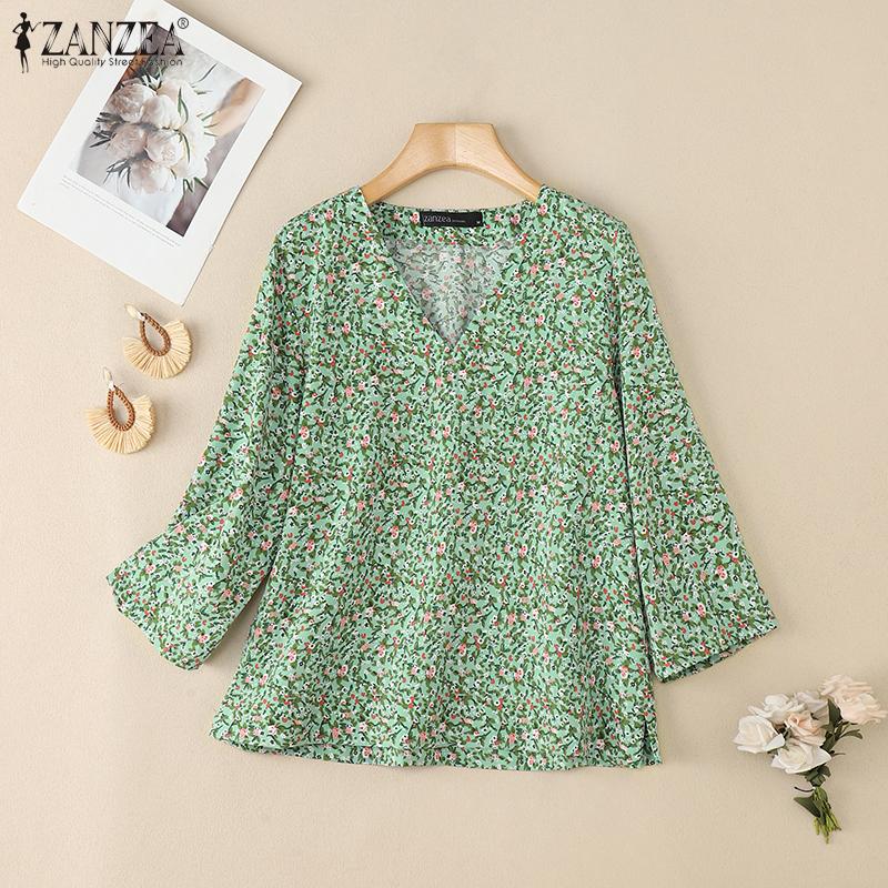 ZANZEA Women Casual V-Neck Loose 3/4 Sleeve Floral Blouse