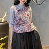 Summer New Chinese Style Vintage Round Neck Button Embroidered Loose Asymmetrical 3/4 Sleeve Women's Tops