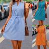 Women's Spring Summer Casual Sleeveless Mini Dress, Button Front Tie Waist Solid Color Woven A-Line Dress for Daily Wear