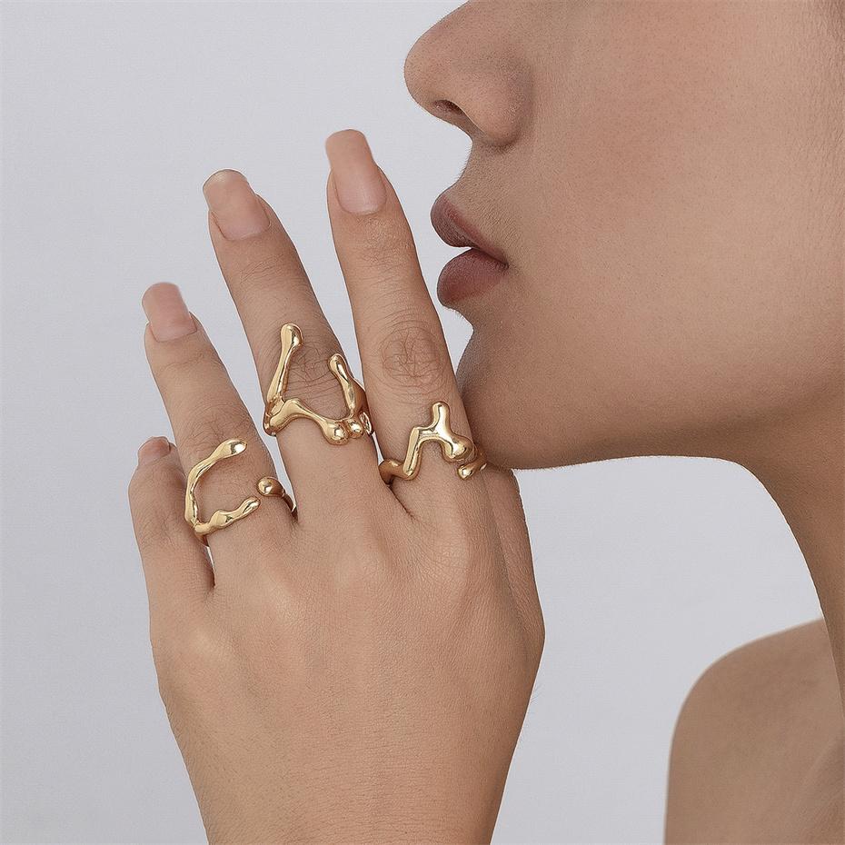 

Ingemark 3Pcs Unique Irregular Smooth Rings Set Women Vintage Geometric Gold Color Lava Open Ring Couple Wed Accessories Gift