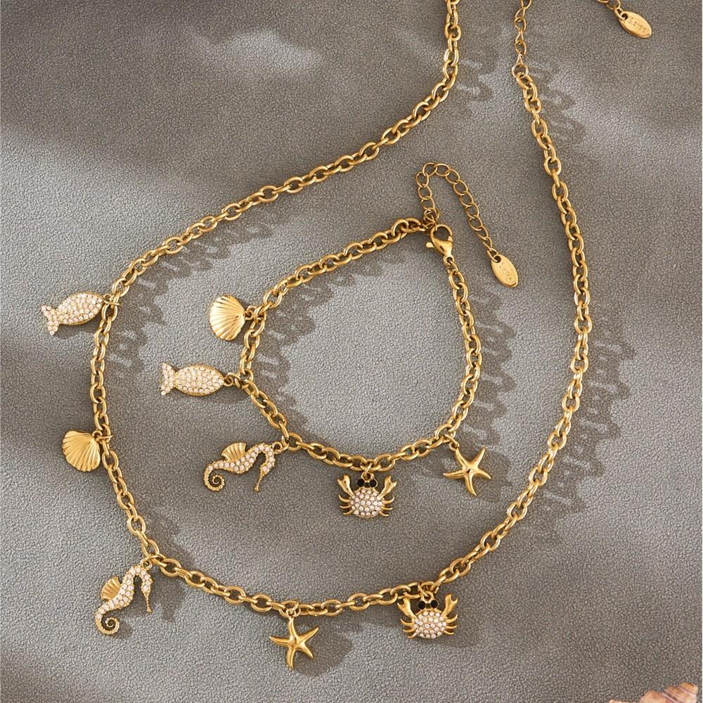 Ocean Theme Charm Necklaces Matching Bracelets In Stainless Steel 18k Gold Plated Chain Necklace Bracelet Jewelry Set For Women