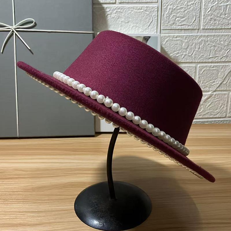 Autumn and winter pearl woolen flat top top hat children celebrity style Internet celebrity fashion versatile small brim shade felt hat