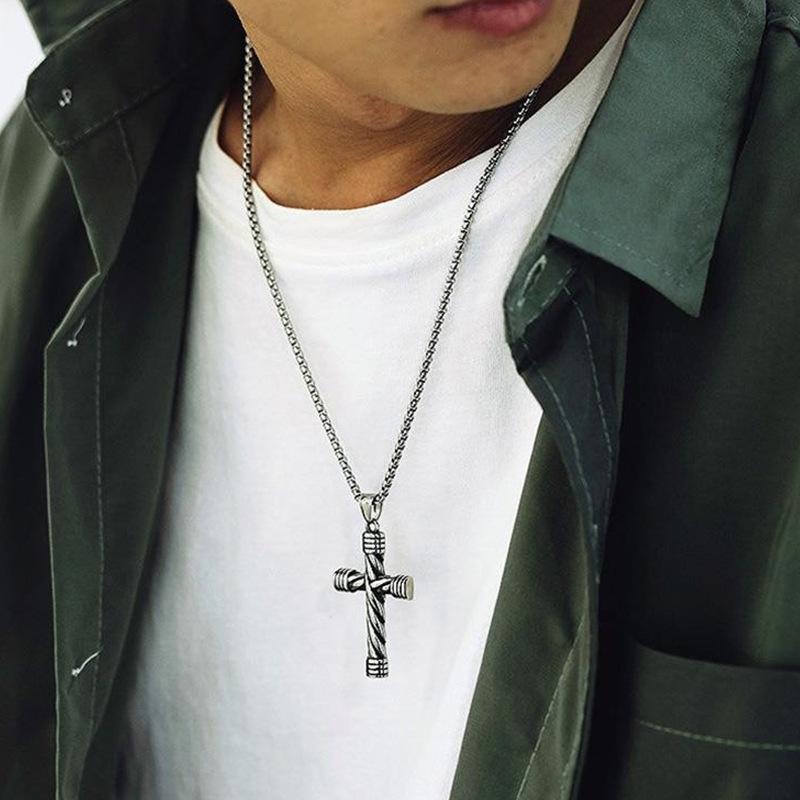Men's Retro Cross Titanium Steel Necklace - European & American Style, Long Sweater Chain, Hip Hop, Versatile for Couples.