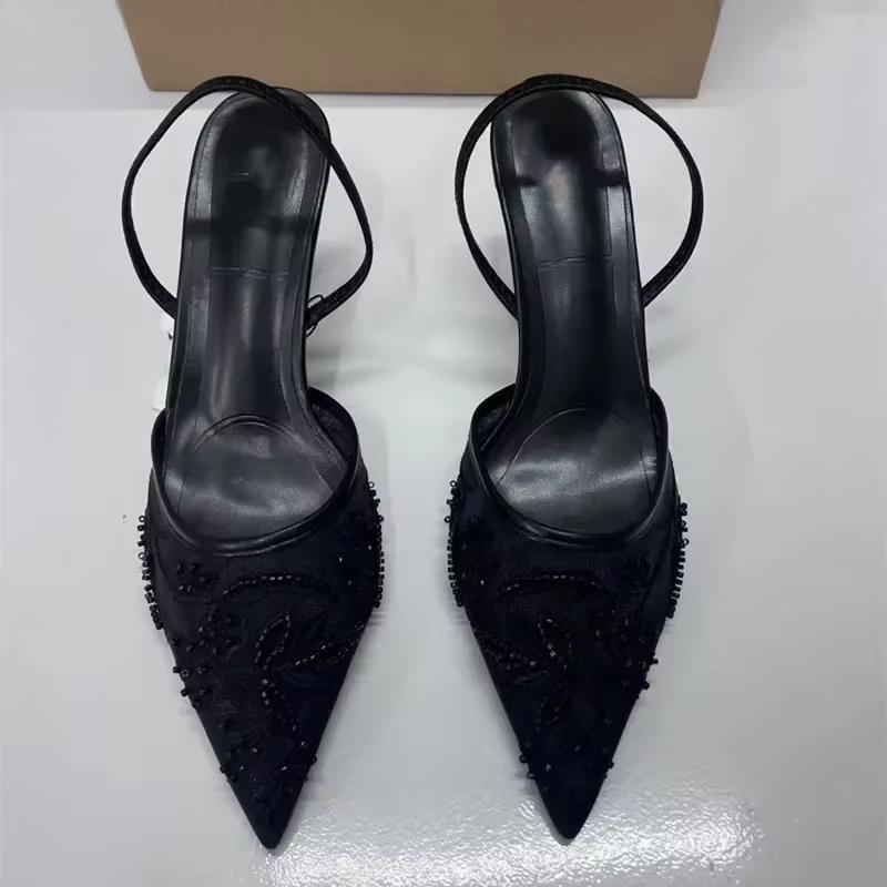 Fashion 2025 New Black Woman Embroidered Mesh Open Heel Shoes Fashion Print Stiletto Women High-heel Pumps Sexy Pointed End Sandals