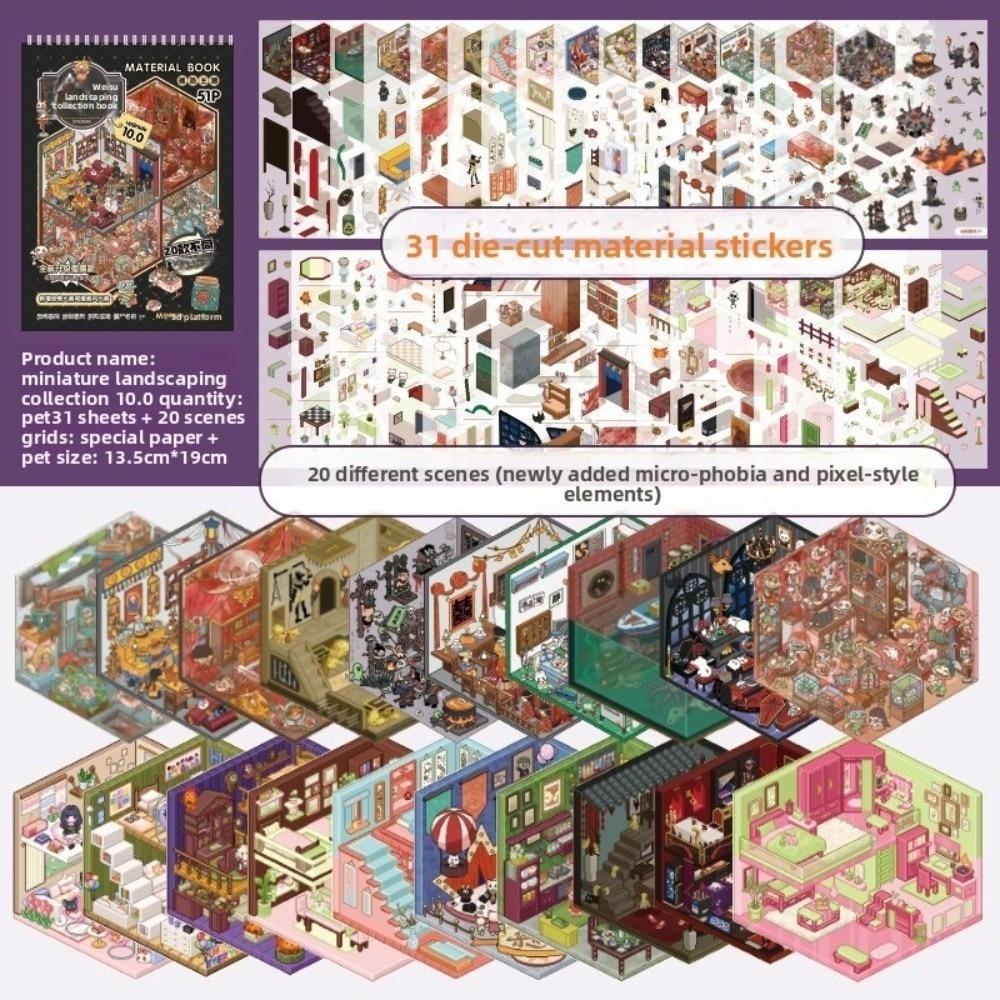 

Horror Theme Cabin Scene Stickers 20 Scene 51 Sheets DIY Crafts 3D Miniature Houses Cartoon Town PET Pocket Toy Game Book чёрный