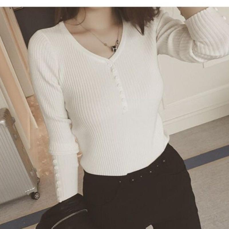 Herbst- und Winter V-Ausschnitt Pullover für Damen Mode Langarm Slim Fit Strickpullover Frau Einfarbig Lässig Basis Strickwaren Jumper 24874