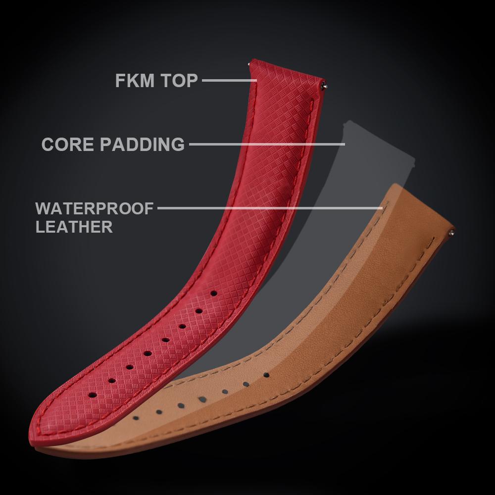 STAPELP 18mm 19mm 20mm 22mm Sailcloth Strap FKM TOP+Leather Base Tropical Texture Rubber Watch Bands Quick Release Pin Buckle